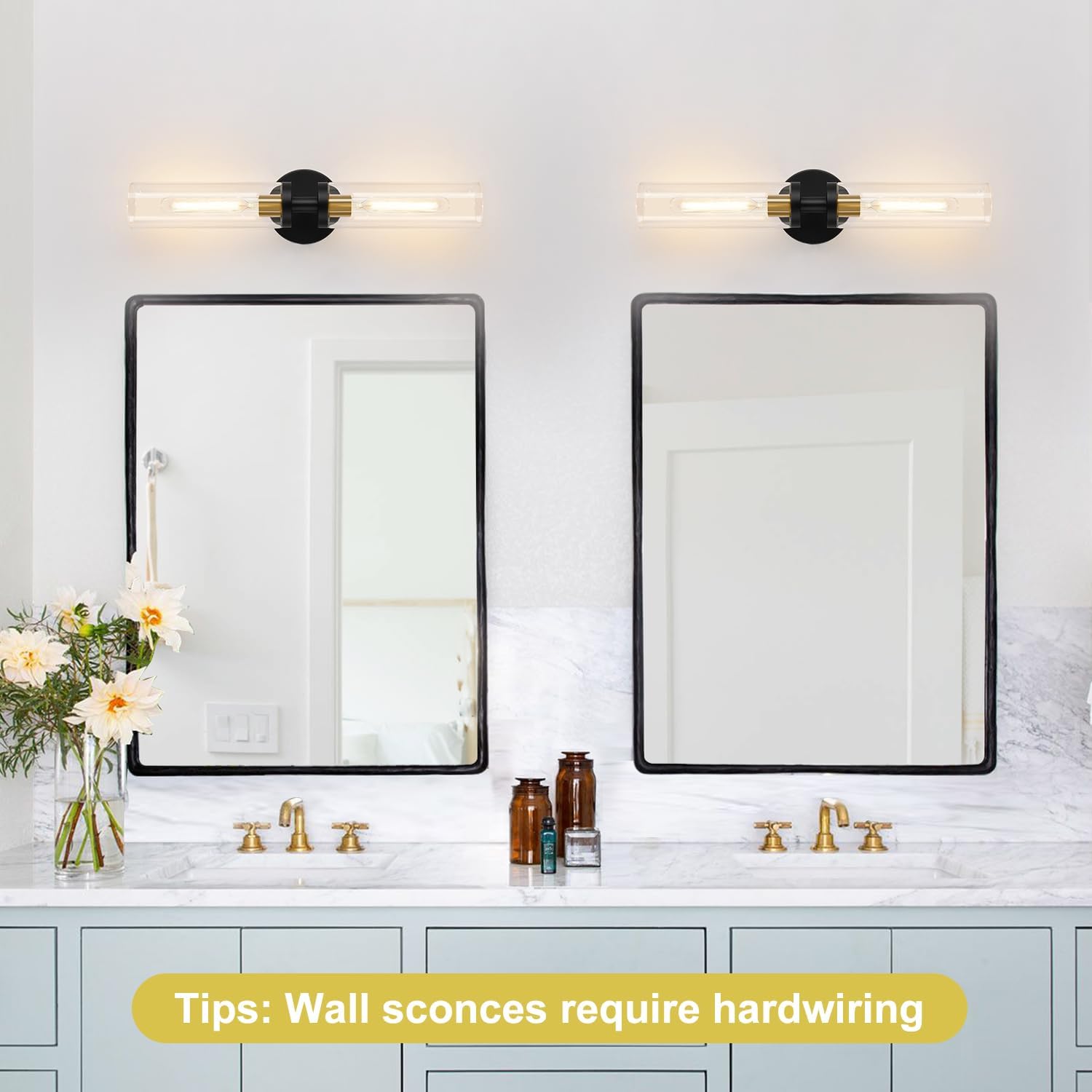 Indoi Hardwired Wall Sconces Set of Two, 22" Black and Gold Bathroom Sconces with Clear Glass, Modern Sconces Wall Decor Set of 2 Wall Light fixtures