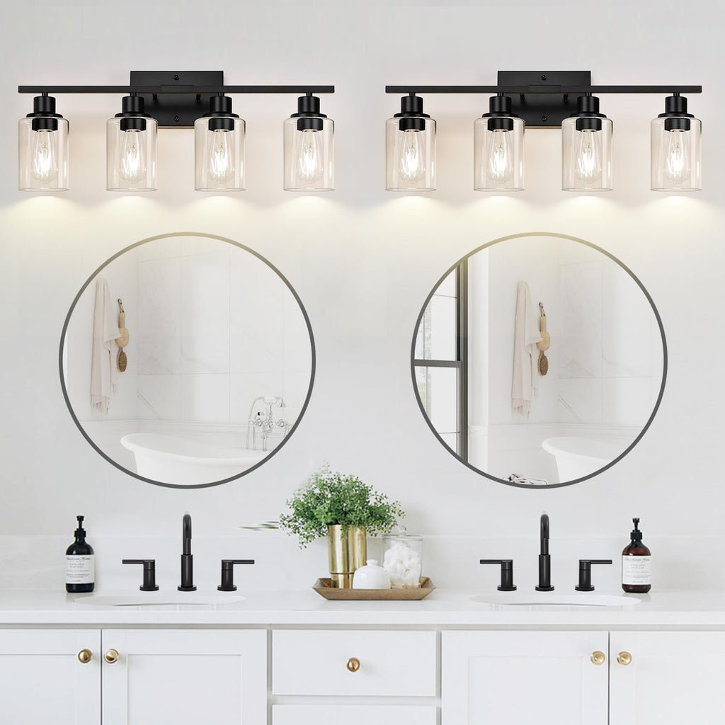Indoi 4-Light Bathroom Light Fixtures, Matte Black Modern Vanity Lights with Clear Glass Shades, Bathroom Wall Lamp