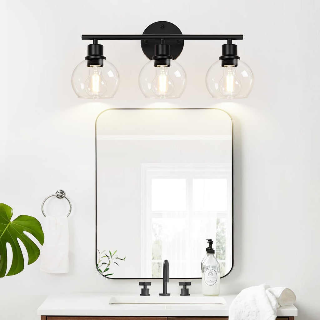 Indoi 3-Light Bathroom Light Fixtures, Black Bathroom Lights Over Mirror with Clear Glass Globe Shade