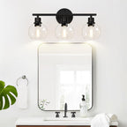 Indoi 3-Light Bathroom Light Fixtures, Black Bathroom Lights Over Mirror with Clear Glass Globe Shade