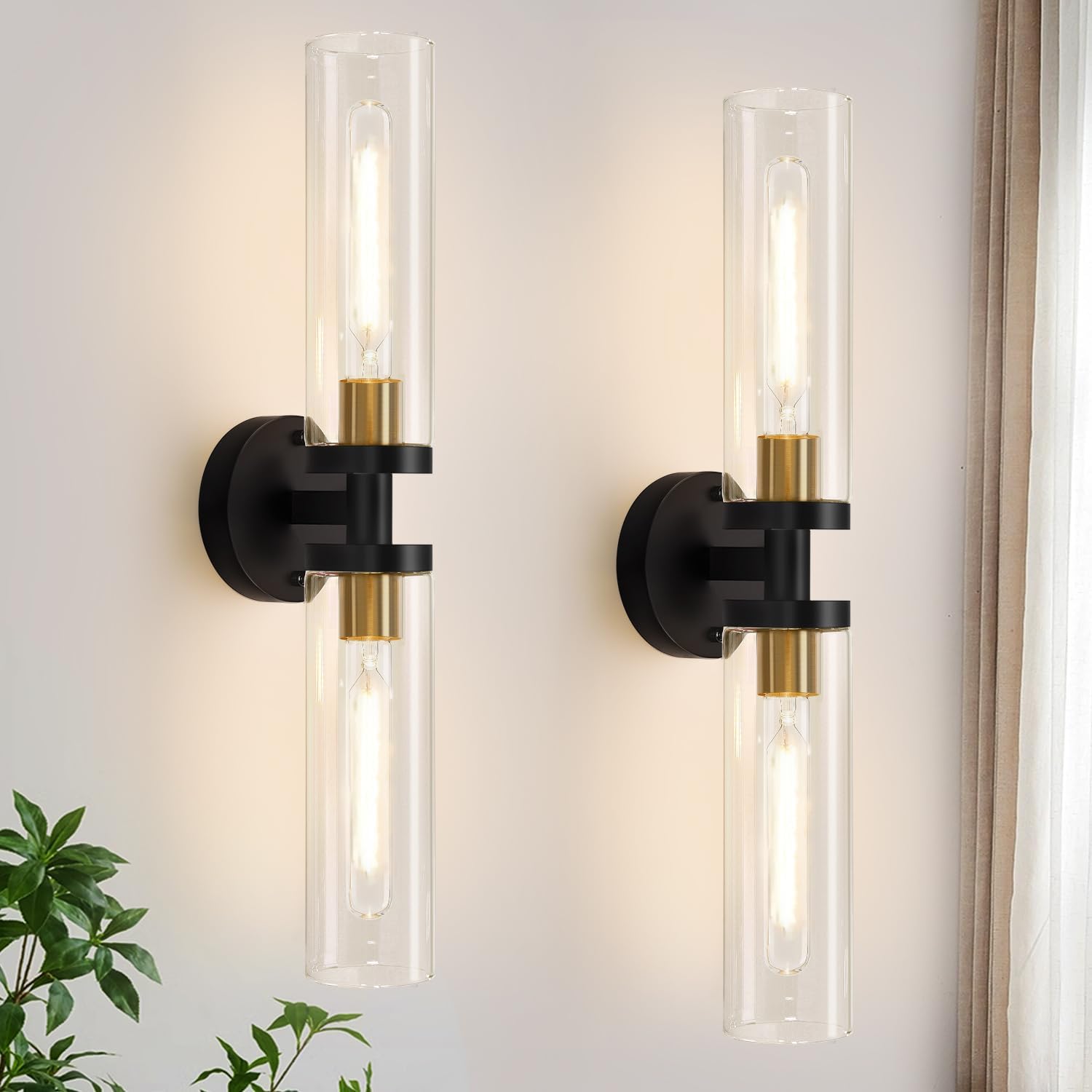 Indoi Hardwired Wall Sconces Set of Two, 22" Black and Gold Bathroom Sconces with Clear Glass, Modern Sconces Wall Decor Set of 2 Wall Light fixtures