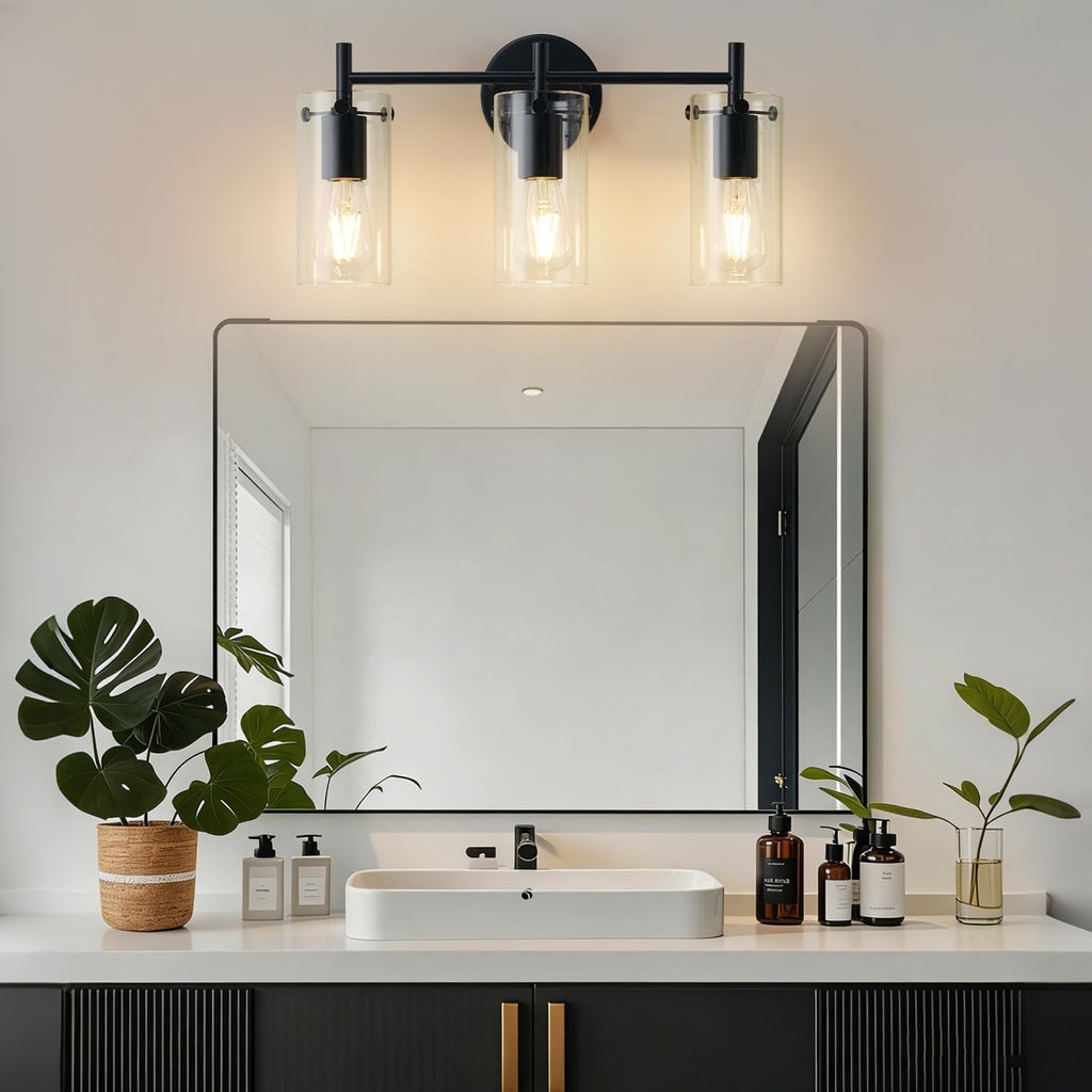 Indoi Bathroom Light Fixtures, 3-Light Matte Black Vanity Light, Black Bathroom Lights Over Mirror with Clear Glass Shade