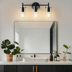 Indoi Bathroom Light Fixtures, 3-Light Matte Black Vanity Light, Black Bathroom Lights Over Mirror with Clear Glass Shade