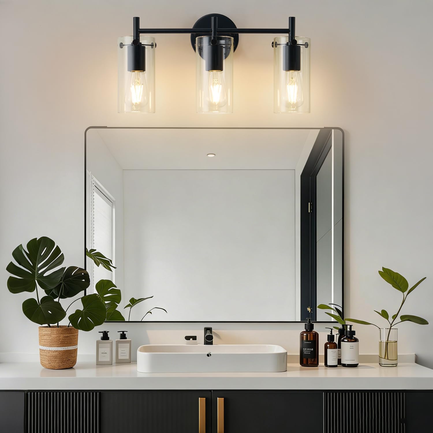 Indoi Bathroom Light Fixtures, 3-Light Matte Black Vanity Light, Black Bathroom Lights Over Mirror with Clear Glass Shade