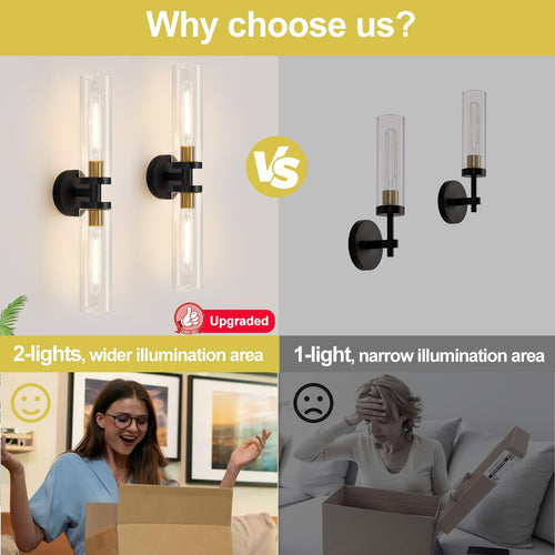 Indoi Hardwired Wall Sconces Set of Two, 22" Black and Gold Bathroom Sconces with Clear Glass, Modern Sconces Wall Decor Set of 2 Wall Light fixtures