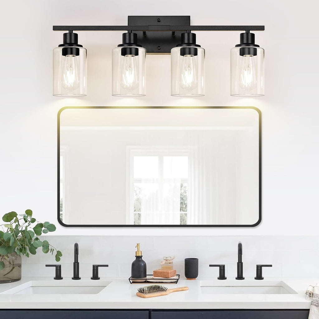 Indoi 4-Light Bathroom Light Fixtures, Matte Black Modern Vanity Lights with Clear Glass Shades, Bathroom Wall Lamp