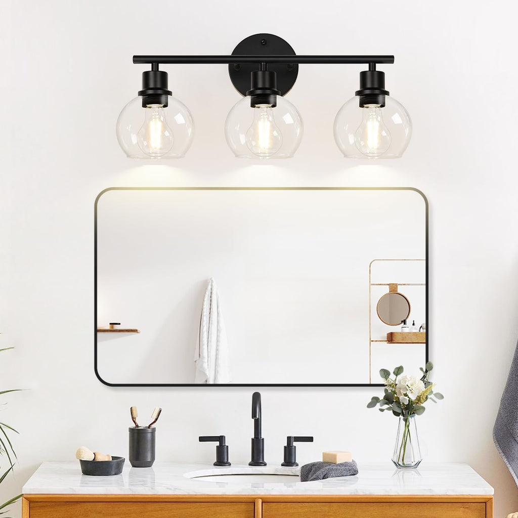 Indoi 3-Light Bathroom Light Fixtures, Black Bathroom Lights Over Mirror with Clear Glass Globe Shade