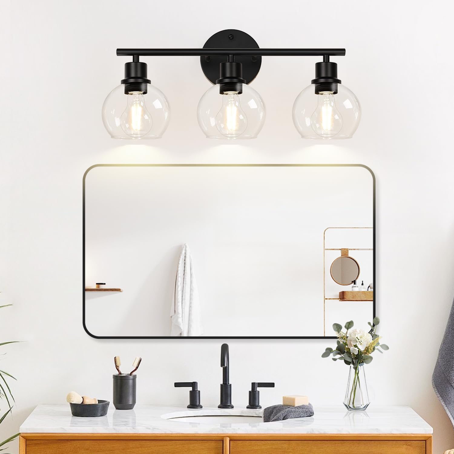Indoi 3-Light Bathroom Light Fixtures, Black Bathroom Lights Over Mirror with Clear Glass Globe Shade