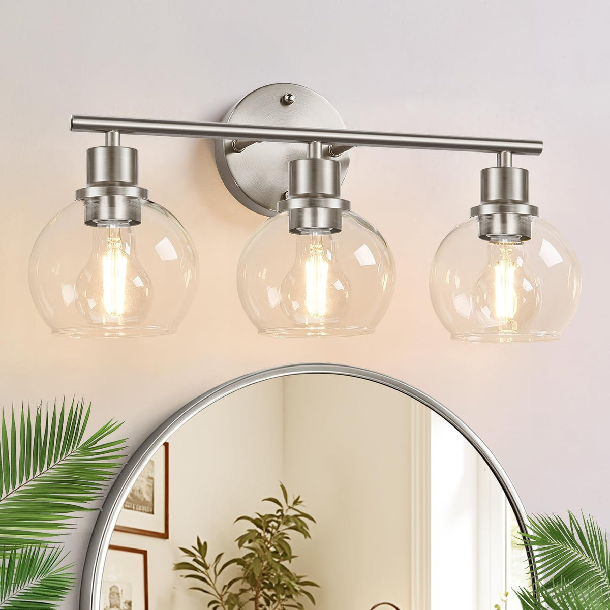 Indoi 3-Light Bathroom Light Fixtures, Black Bathroom Lights Over Mirror with Clear Glass Globe Shade