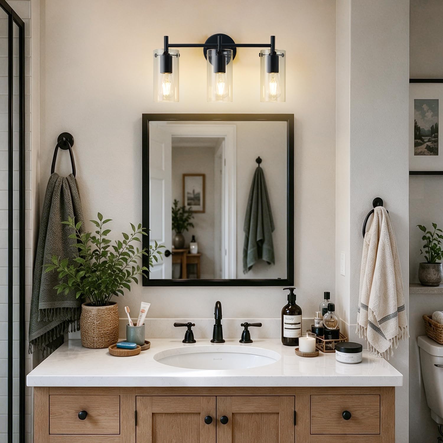 Indoi Bathroom Light Fixtures, 3-Light Matte Black Vanity Light, Black Bathroom Lights Over Mirror with Clear Glass Shade
