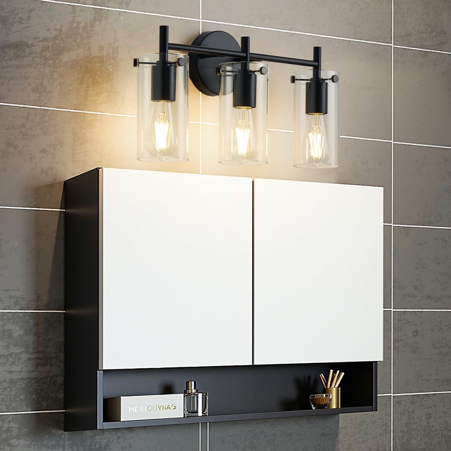 Indoi Bathroom Light Fixtures, 3-Light Matte Black Vanity Light, Black Bathroom Lights Over Mirror with Clear Glass Shade