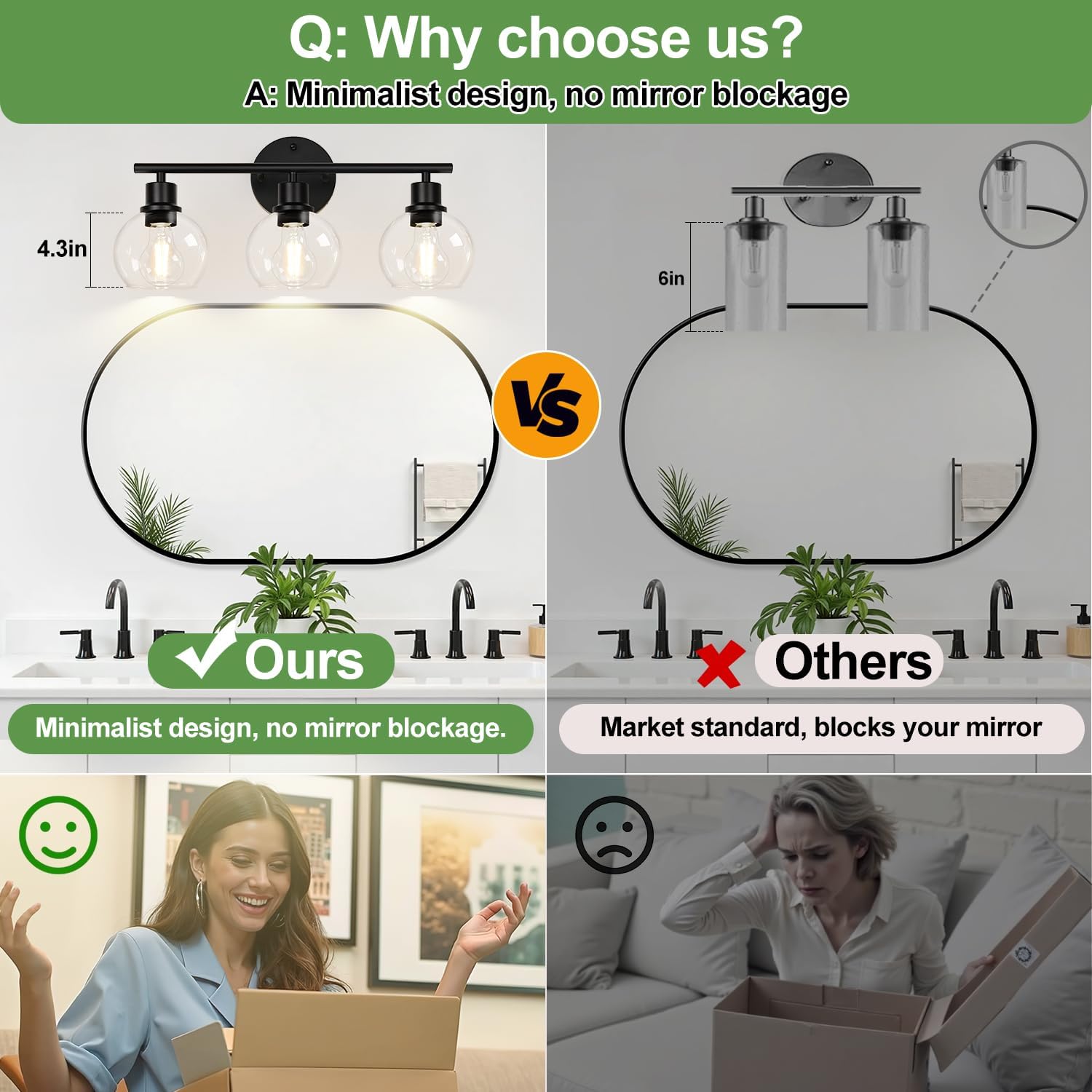 Indoi 3-Light Bathroom Light Fixtures, Black Bathroom Lights Over Mirror with Clear Glass Globe Shade