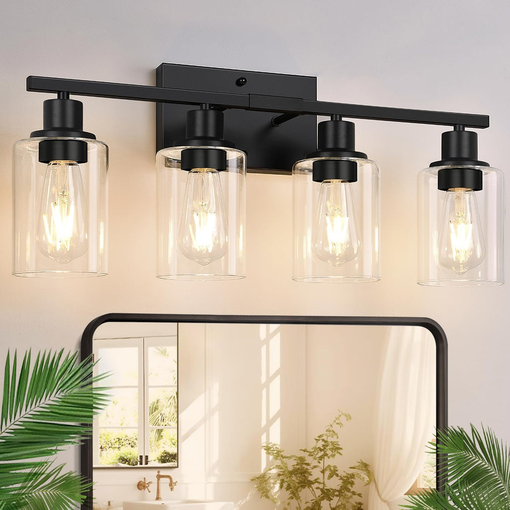 Indoi 4-Light Bathroom Light Fixtures, Matte Black Modern Vanity Lights with Clear Glass Shades, Bathroom Wall Lamp