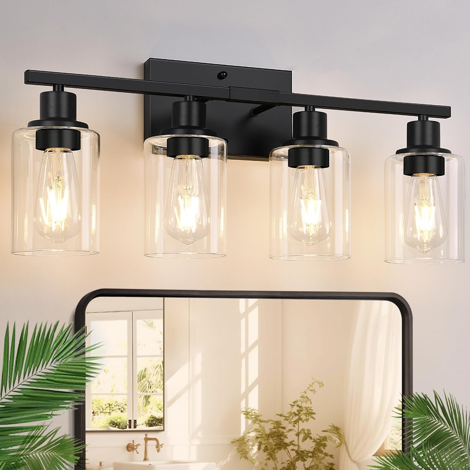 Indoi 4-Light Bathroom Light Fixtures, Matte Black Modern Vanity Lights with Clear Glass Shades, Bathroom Wall Lamp