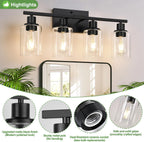 Indoi 4-Light Bathroom Light Fixtures, Matte Black Modern Vanity Lights with Clear Glass Shades, Bathroom Wall Lamp