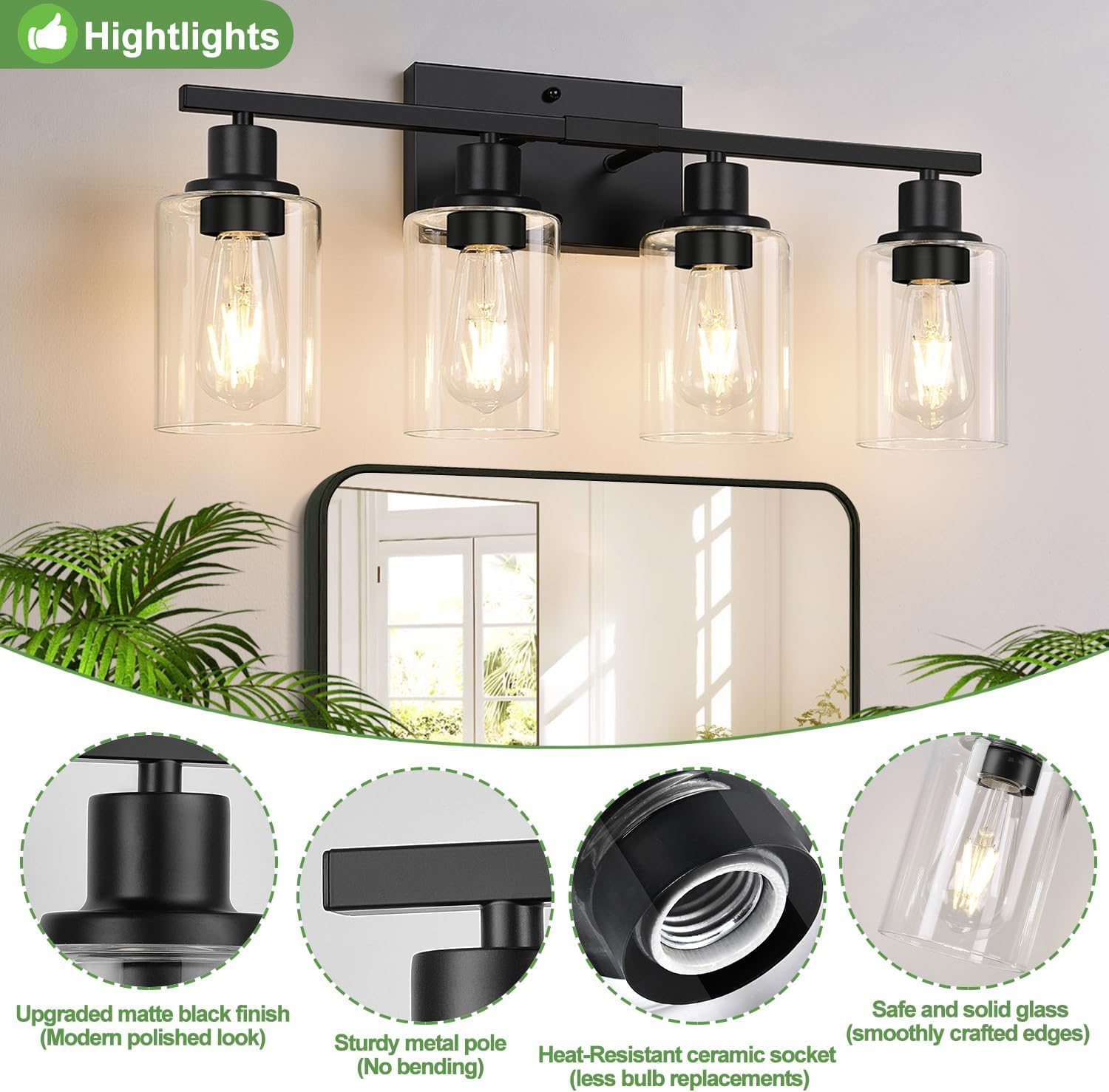 Indoi 4-Light Bathroom Light Fixtures, Matte Black Modern Vanity Lights with Clear Glass Shades, Bathroom Wall Lamp