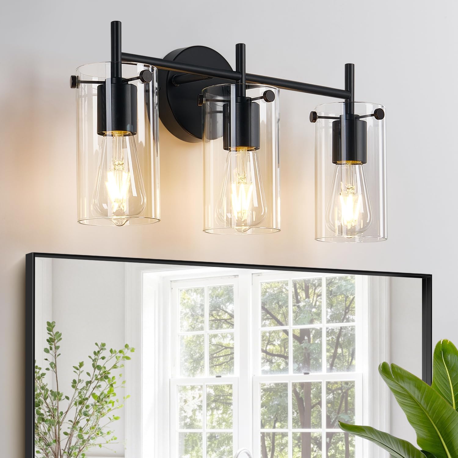 Indoi Bathroom Light Fixtures, 3-Light Matte Black Vanity Light, Black Bathroom Lights Over Mirror with Clear Glass Shade