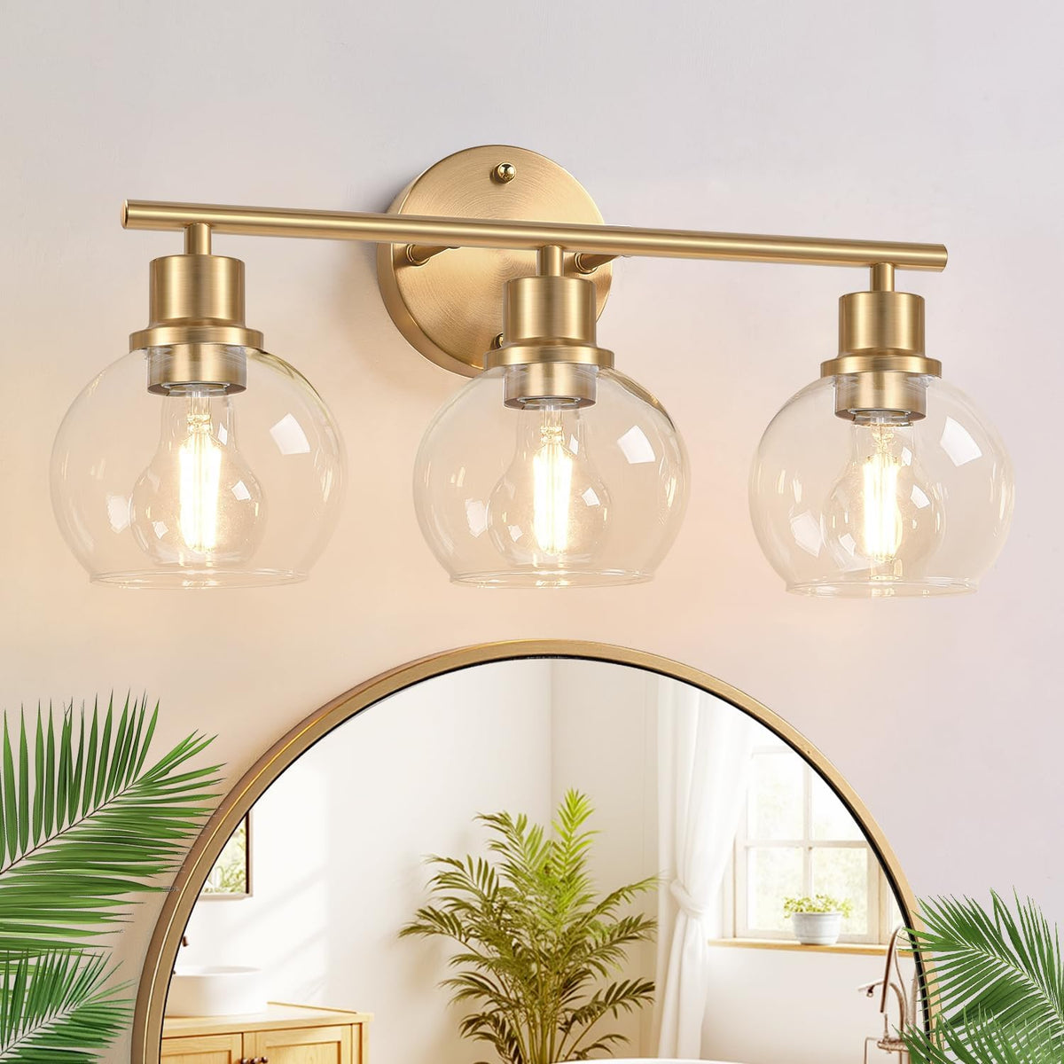 Indoi 3-Light Bathroom Light Fixtures, Black Bathroom Lights Over Mirror with Clear Glass Globe Shade