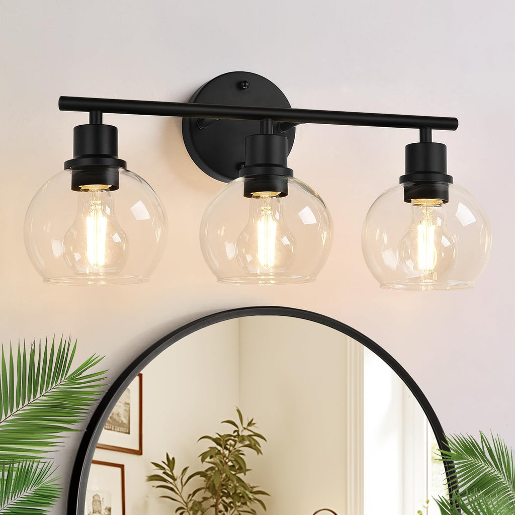Indoi 3-Light Bathroom Light Fixtures, Black Bathroom Lights Over Mirror with Clear Glass Globe Shade