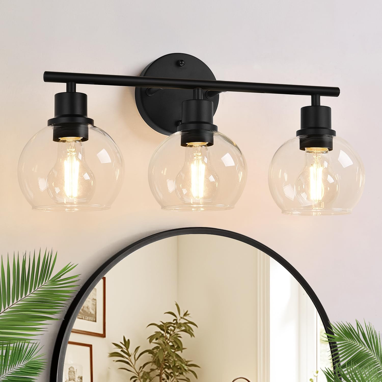 Indoi 3-Light Bathroom Light Fixtures, Black Bathroom Lights Over Mirror with Clear Glass Globe Shade