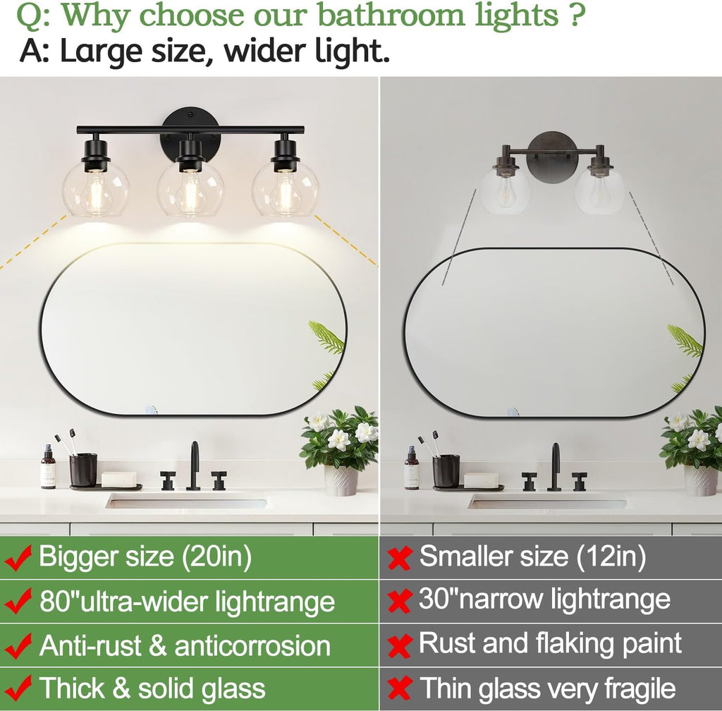 Indoi 3-Light Bathroom Light Fixtures, Black Bathroom Lights Over Mirror with Clear Glass Globe Shade