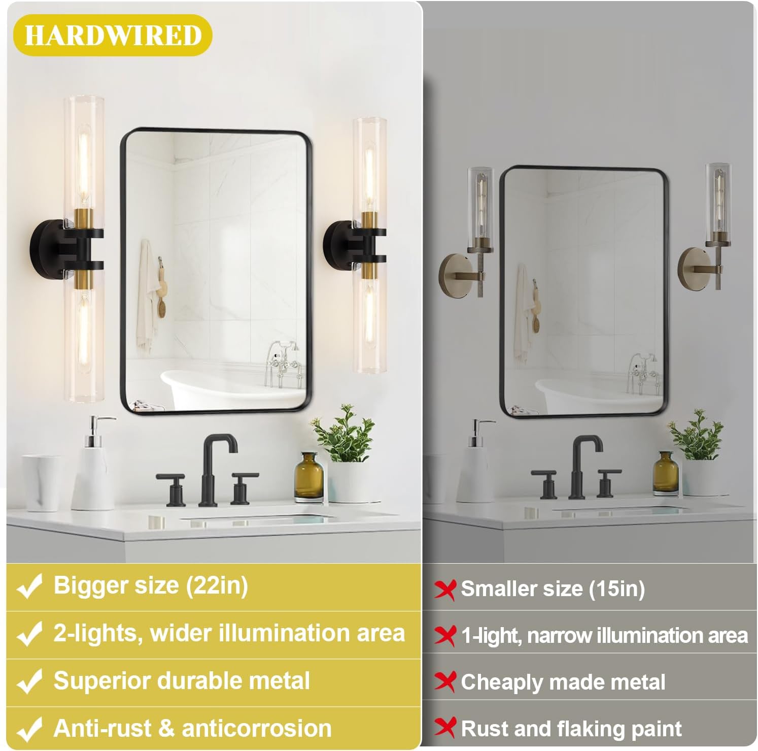 Indoi Hardwired Wall Sconces Set of Two, 22" Black and Gold Bathroom Sconces with Clear Glass, Modern Sconces Wall Decor Set of 2 Wall Light fixtures
