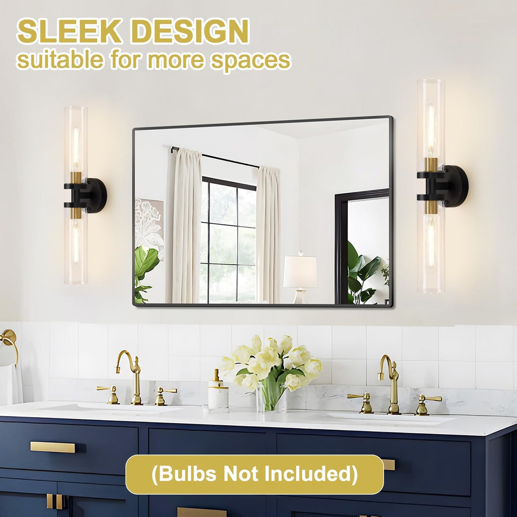 Indoi Hardwired Wall Sconces Set of Two, 22" Black and Gold Bathroom Sconces with Clear Glass, Modern Sconces Wall Decor Set of 2 Wall Light fixtures
