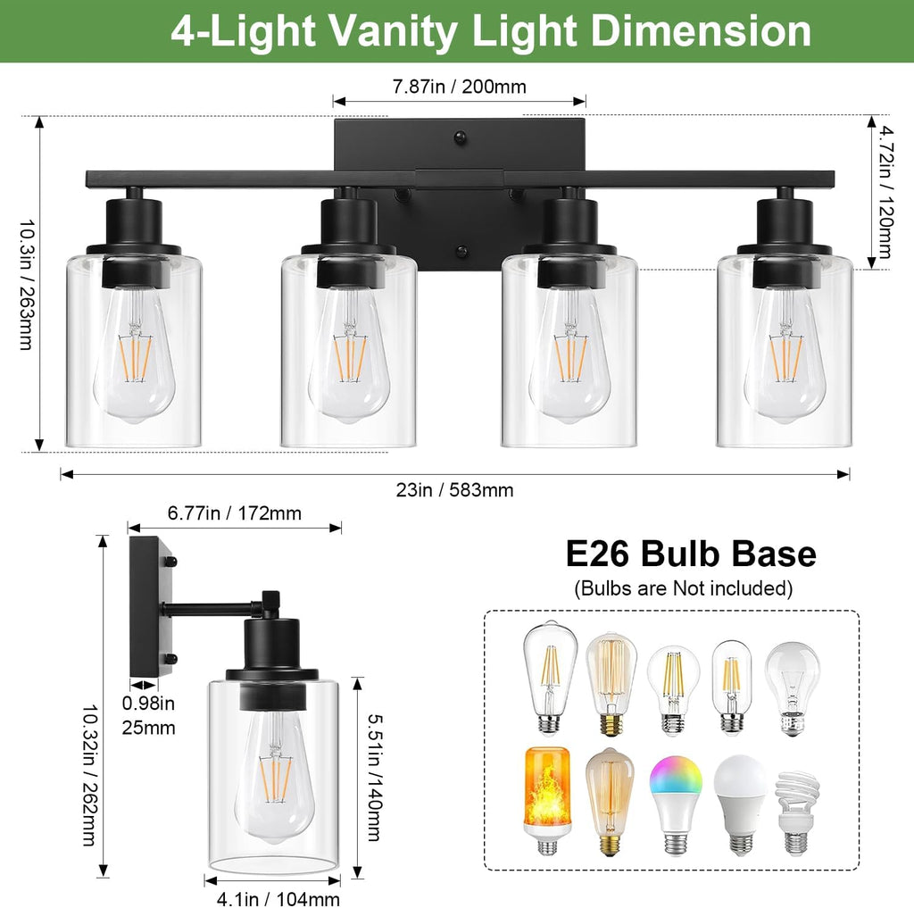 Indoi 4-Light Bathroom Light Fixtures, Matte Black Modern Vanity Lights with Clear Glass Shades, Bathroom Wall Lamp