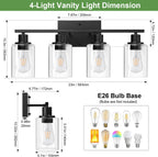Indoi 4-Light Bathroom Light Fixtures, Matte Black Modern Vanity Lights with Clear Glass Shades, Bathroom Wall Lamp