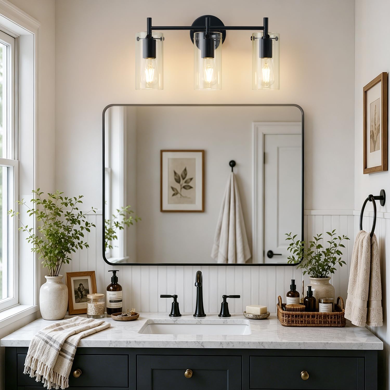 Indoi Bathroom Light Fixtures, 3-Light Matte Black Vanity Light, Black Bathroom Lights Over Mirror with Clear Glass Shade