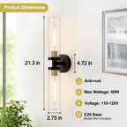 Indoi Hardwired Wall Sconces Set of Two, 22" Black and Gold Bathroom Sconces with Clear Glass, Modern Sconces Wall Decor Set of 2 Wall Light fixtures