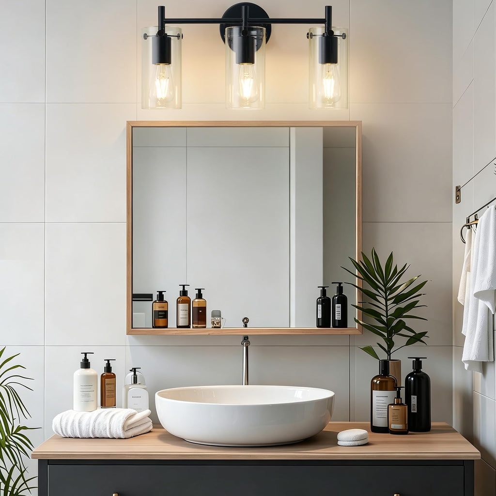 Indoi Bathroom Light Fixtures, 3-Light Matte Black Vanity Light, Black Bathroom Lights Over Mirror with Clear Glass Shade