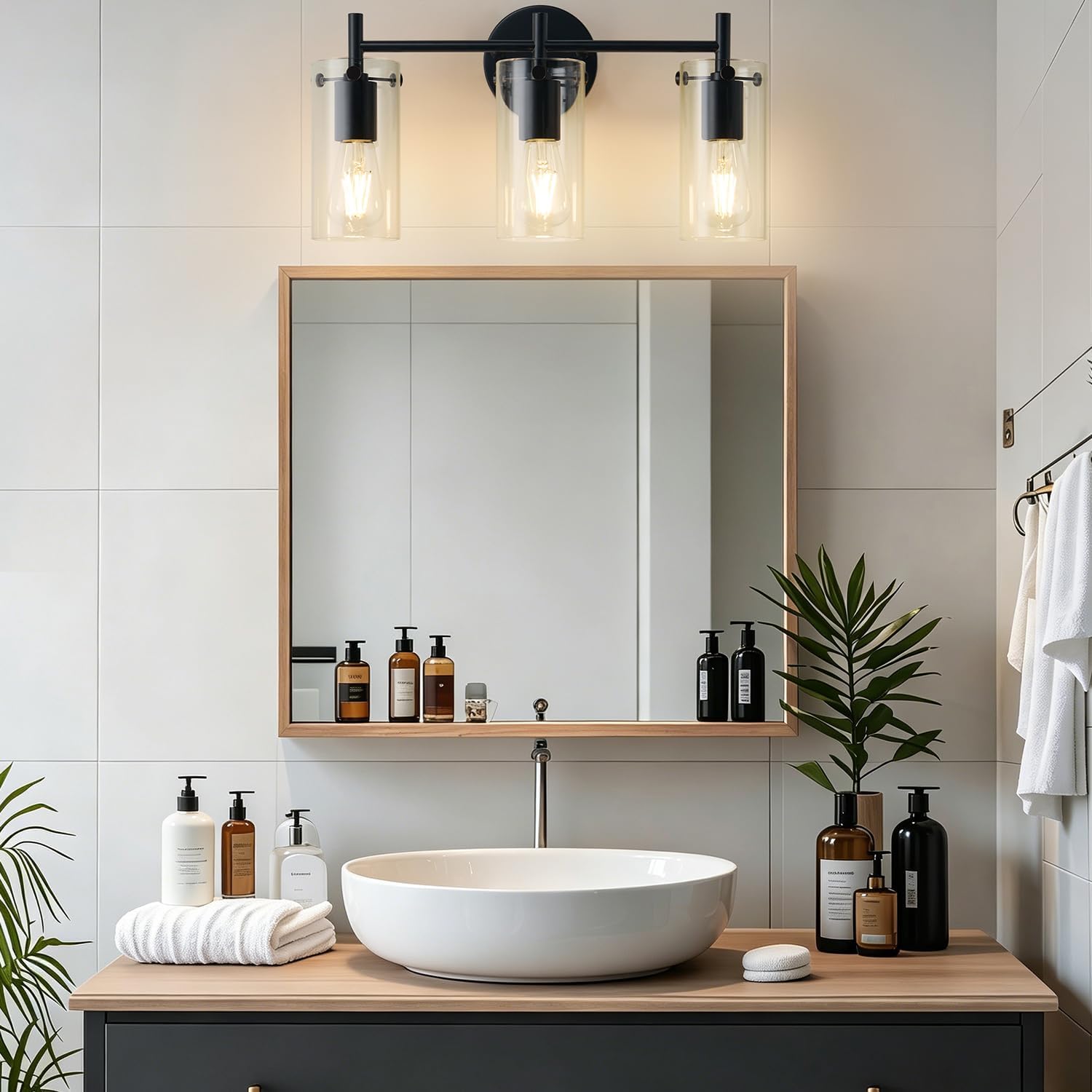 Indoi Bathroom Light Fixtures, 3-Light Matte Black Vanity Light, Black Bathroom Lights Over Mirror with Clear Glass Shade
