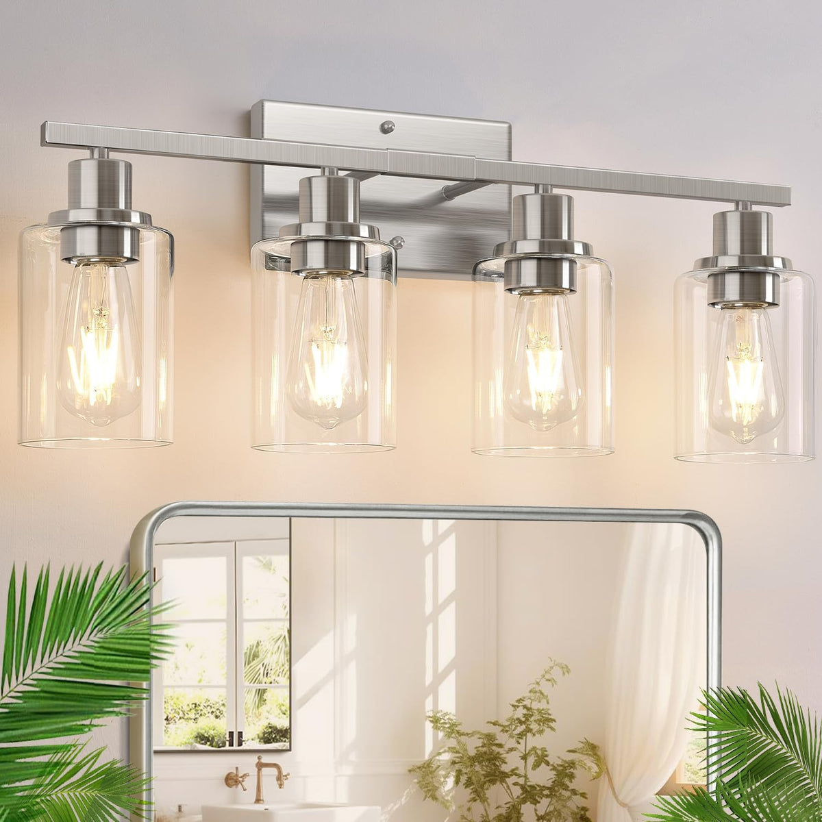 Indoi 4-Light Bathroom Light Fixtures, Matte Black Modern Vanity Lights with Clear Glass Shades, Bathroom Wall Lamp