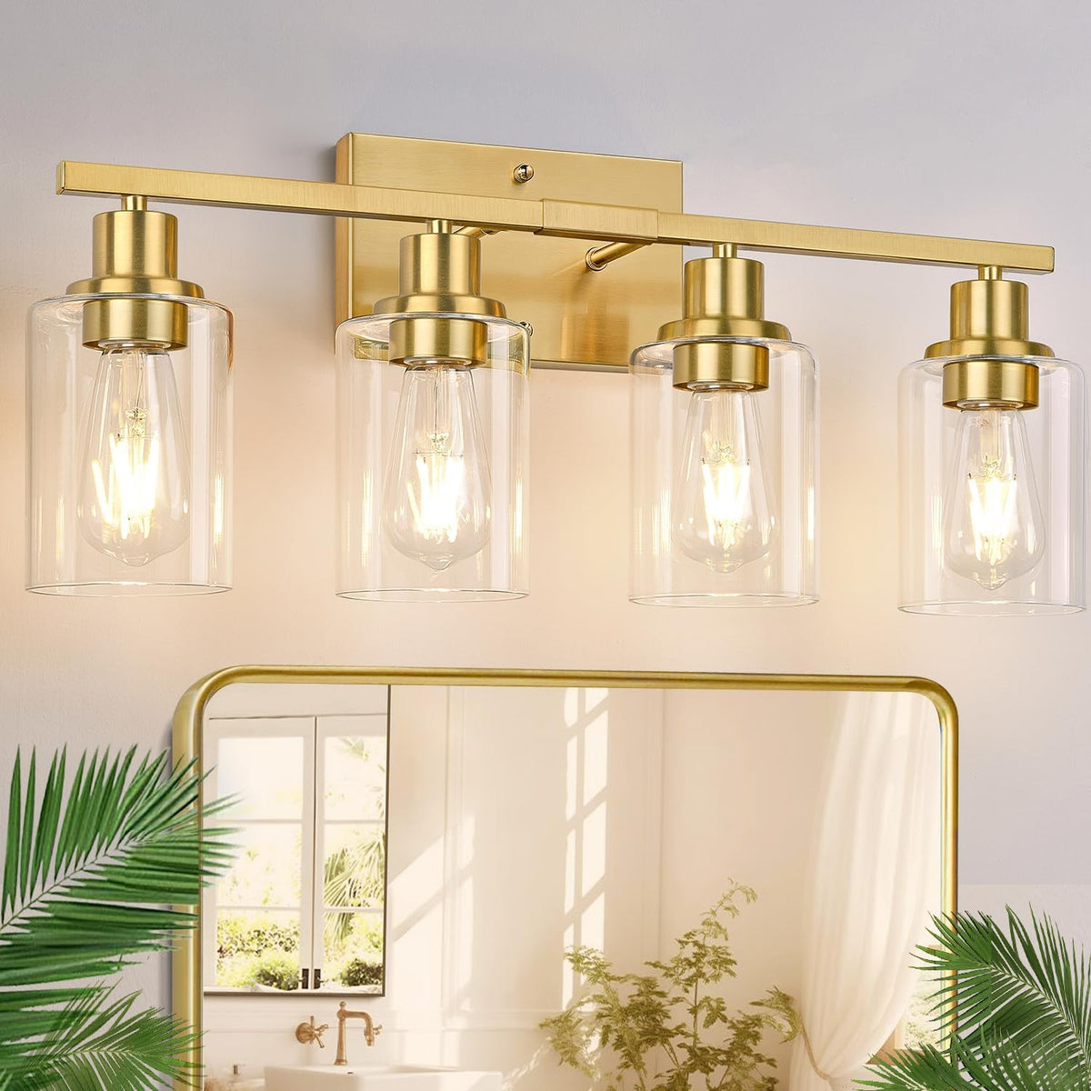 Indoi 4-Light Bathroom Light Fixtures, Matte Black Modern Vanity Lights with Clear Glass Shades, Bathroom Wall Lamp