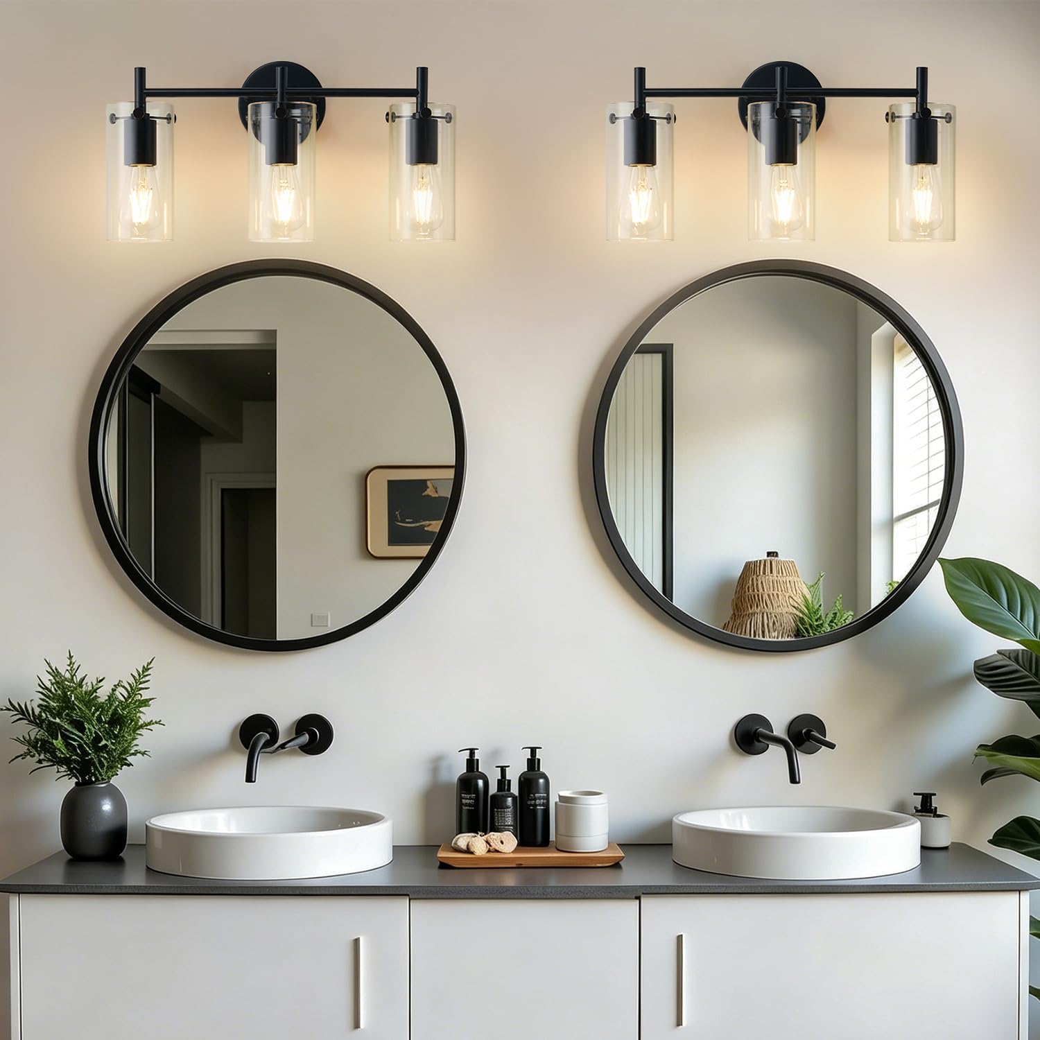 Indoi Bathroom Light Fixtures, 3-Light Matte Black Vanity Light, Black Bathroom Lights Over Mirror with Clear Glass Shade