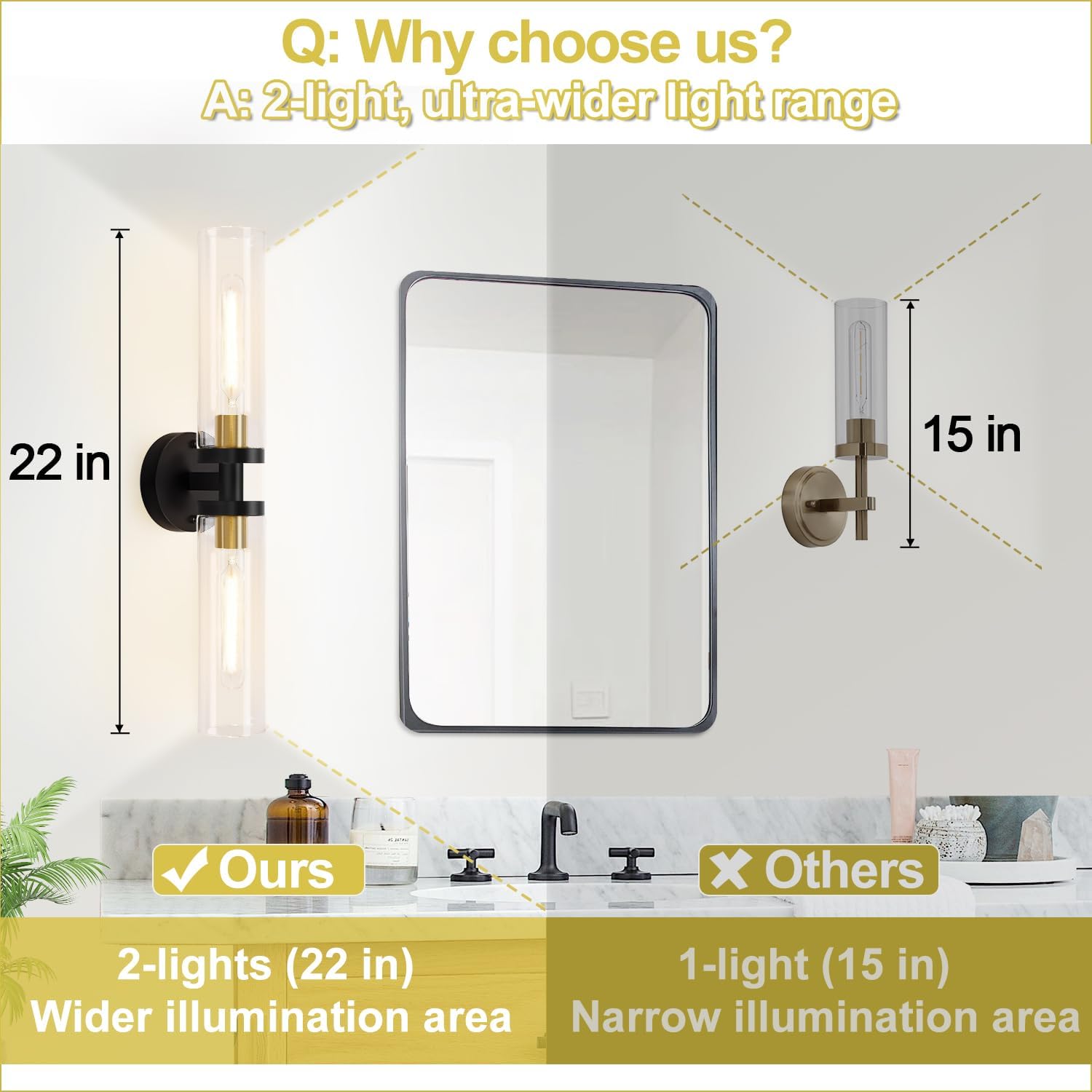 Indoi Hardwired Wall Sconces Set of Two, 22" Black and Gold Bathroom Sconces with Clear Glass, Modern Sconces Wall Decor Set of 2 Wall Light fixtures