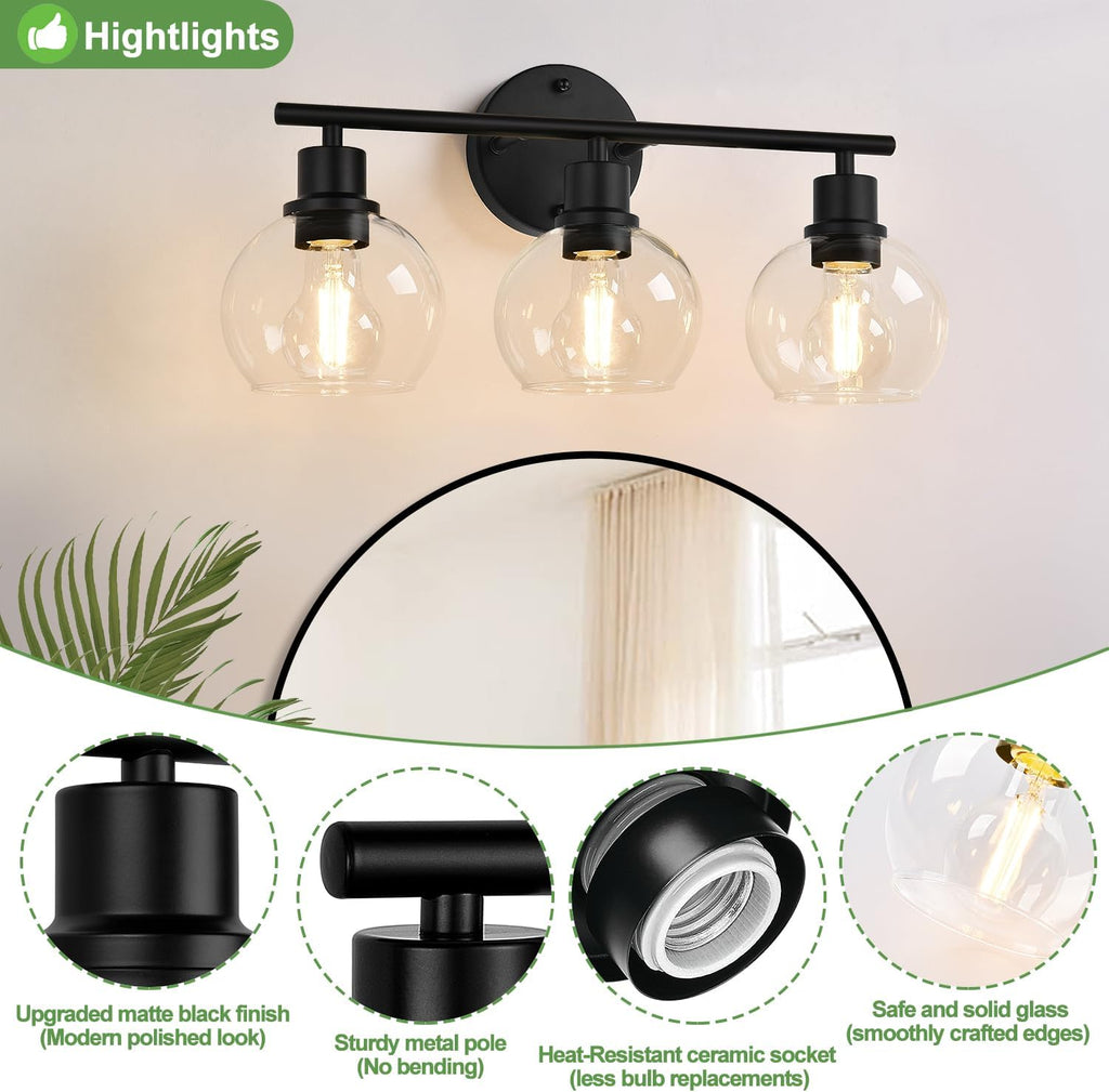 Indoi 3-Light Bathroom Light Fixtures, Black Bathroom Lights Over Mirror with Clear Glass Globe Shade