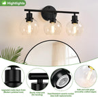 Indoi 3-Light Bathroom Light Fixtures, Black Bathroom Lights Over Mirror with Clear Glass Globe Shade